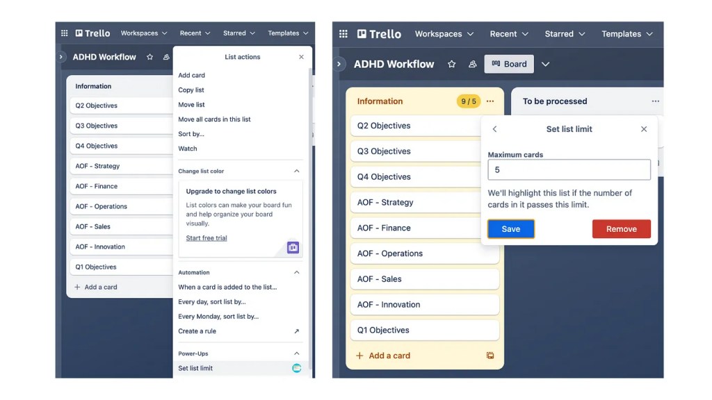 A list showing nine items with a dialog “Set list limit”. A limit of five has been set which means that the list shows a yellow background and an indicator that the WIP limit is breached. “9/5"