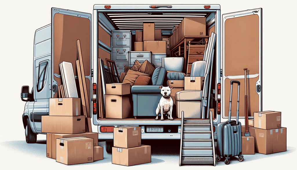 A box van filled with furniture and boxes with a white staffy dog sitting on the tailgate.