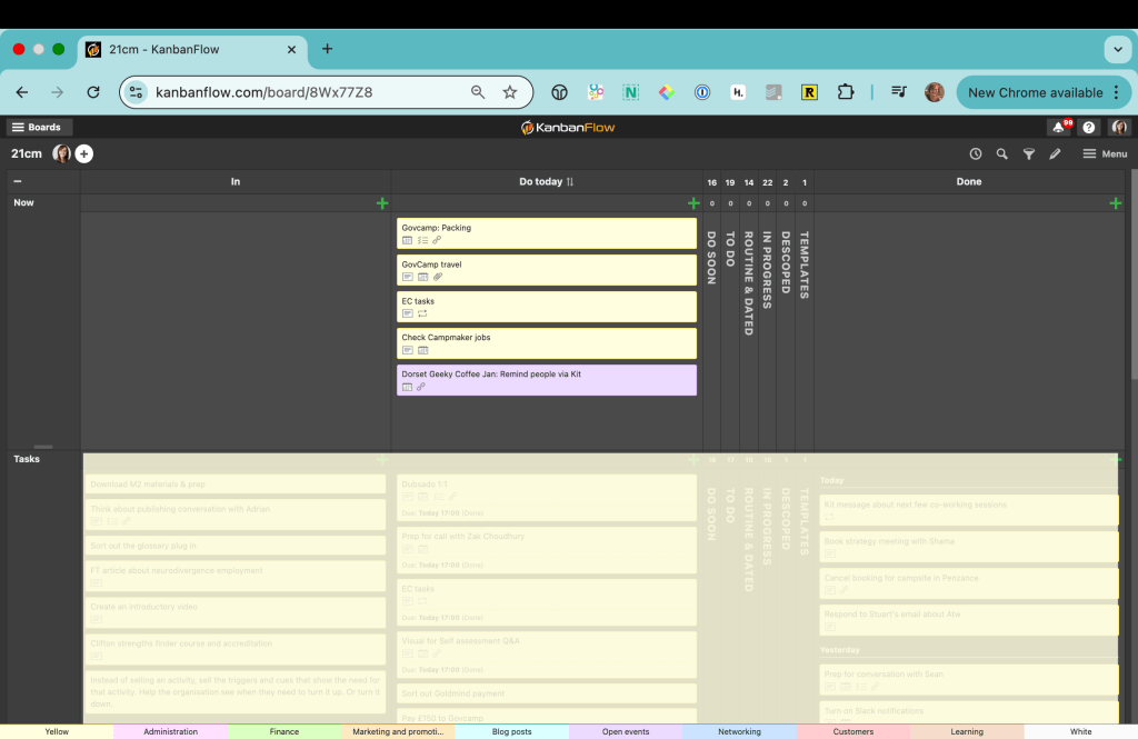 A Kanbanflow board in a browser window. There are a number of columns, In, Do today and Done which are open and do soon, to do, routine & dates, In progress, descoped and templates which are all closed. In Do today there are five tasks, Govcamp: Packing, GovCamp travel, EC tasks, Check Campmaker jobs and Dorset Geeky Coffee Jan: Remind people via Kit. There is a Tasks swim lane below and all of the tasks are redacted.